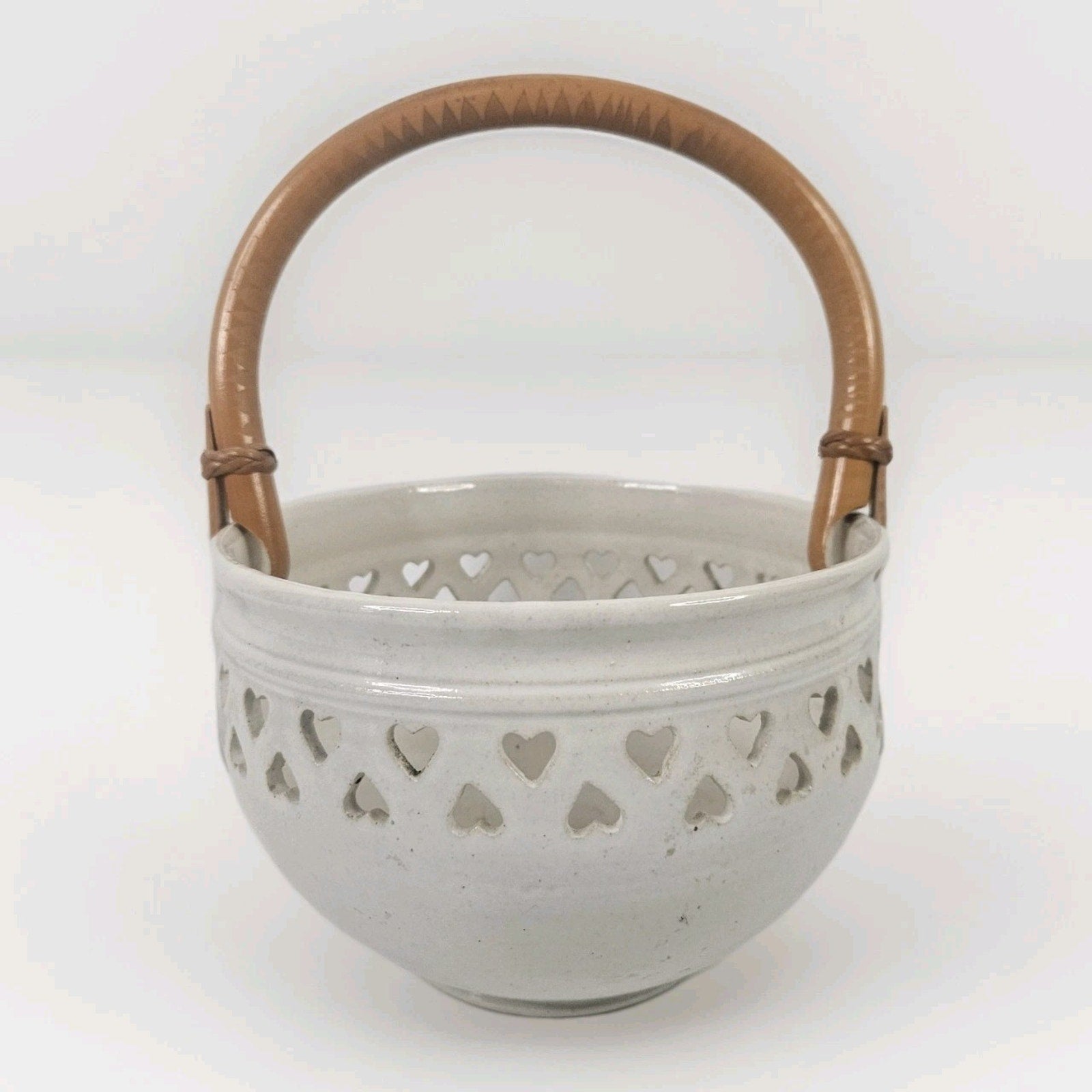 Vtg Heart Pottery Basket Wood Handle Wrapped 5" Ceramic Bowl Trinket Decorative