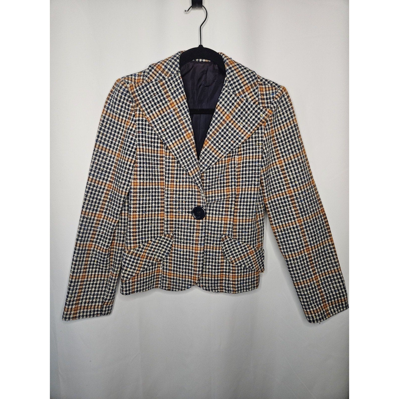 Vintage Women's Plaid Tartan Jacket Blazer Size Small Navy Orange Yellow
