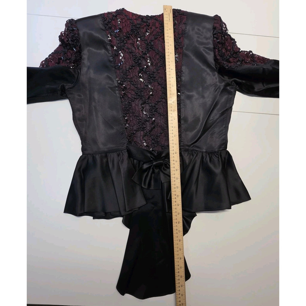 Vintage 1980s Skirt Suit Black Satin Peplum Jacket Blazer Embellished Lace Sz 14