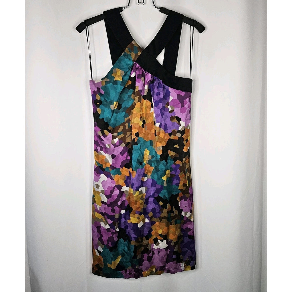 Trina Turk Dress Multicolor Pixelated 100% Silk Criss Cross Neck Size 2
