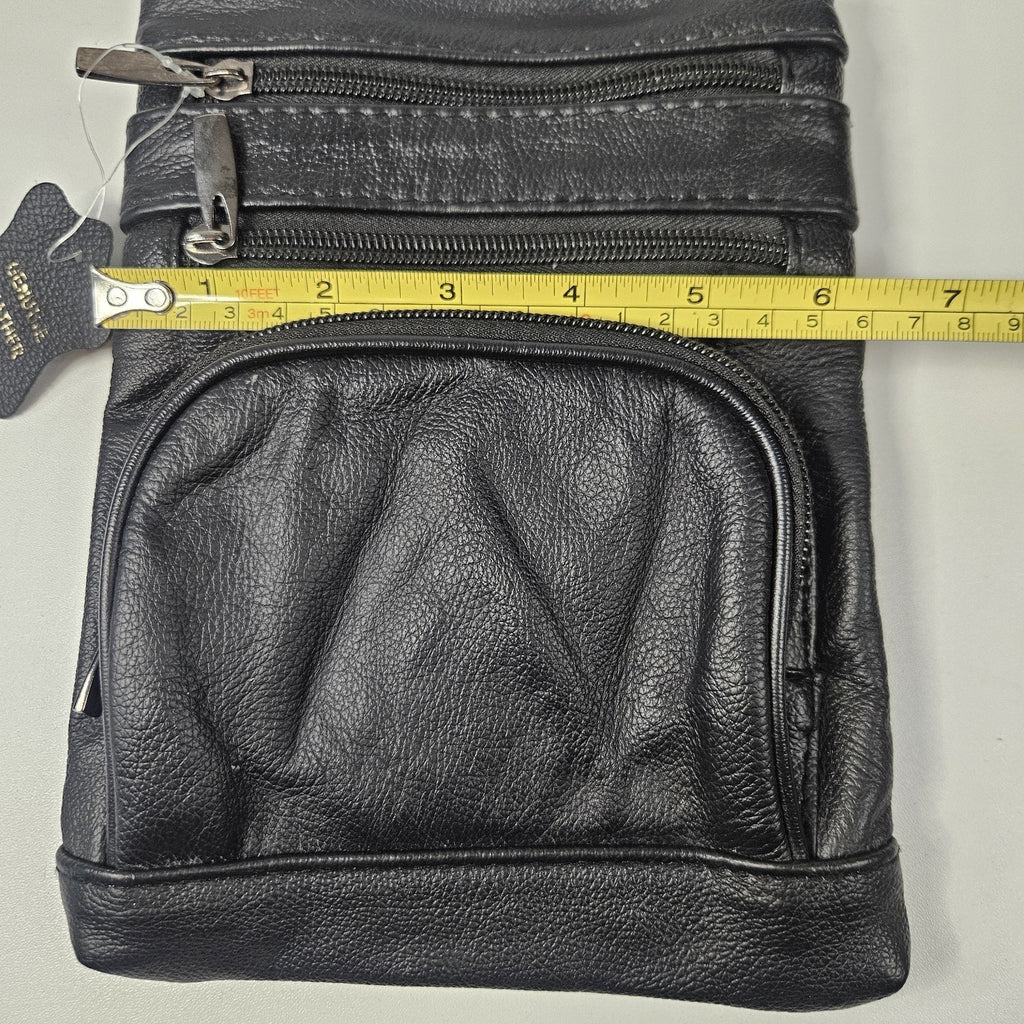 Vtg Genuine Leather Small Crossbody Multi-Compartment Organizer Bag Black 8x6"