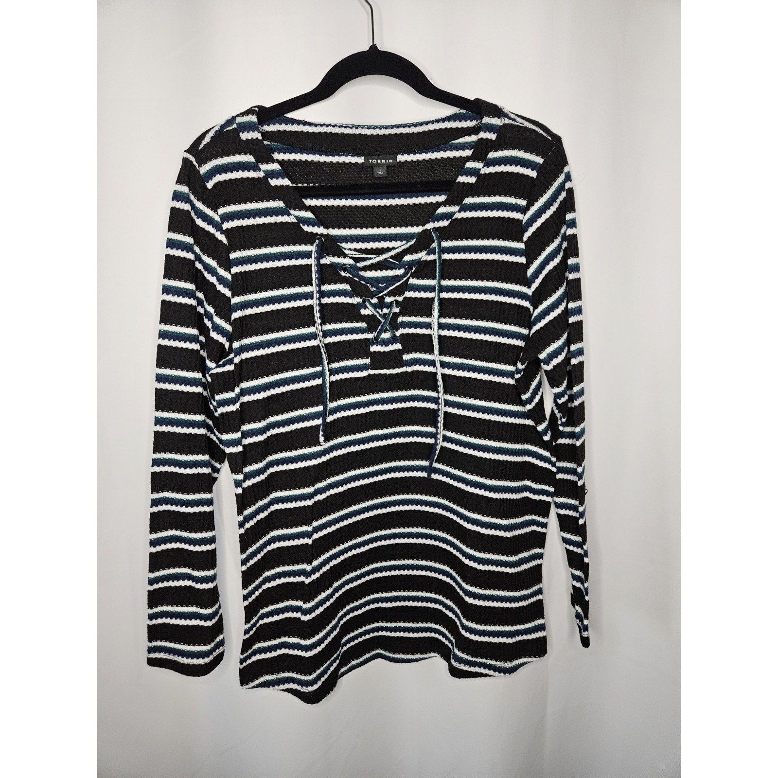 Torrid Knit V Neck Lace-Up Womens 1 XL Striped Henley Long Sleeve Boho Peasant