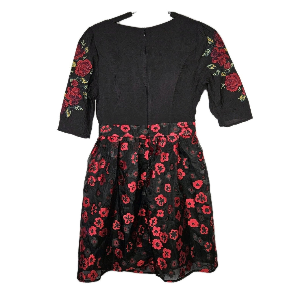Vtg 90s YUA House Embroidered Mini Dress Black Red Floral Holiday Party Small