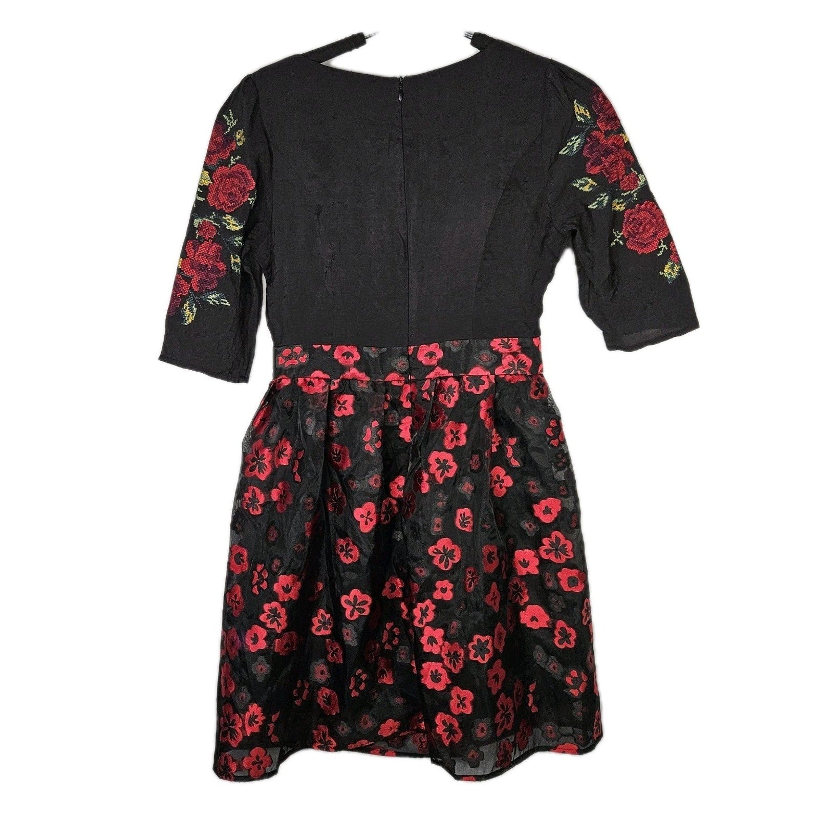 Vtg 90s YUA House Embroidered Mini Dress Black Red Floral Holiday Party Small