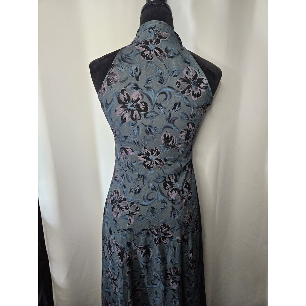 Vintage High Neck Sleeveless Dress Sheer Floral Maxi Blue Empire Waist XS 0/2