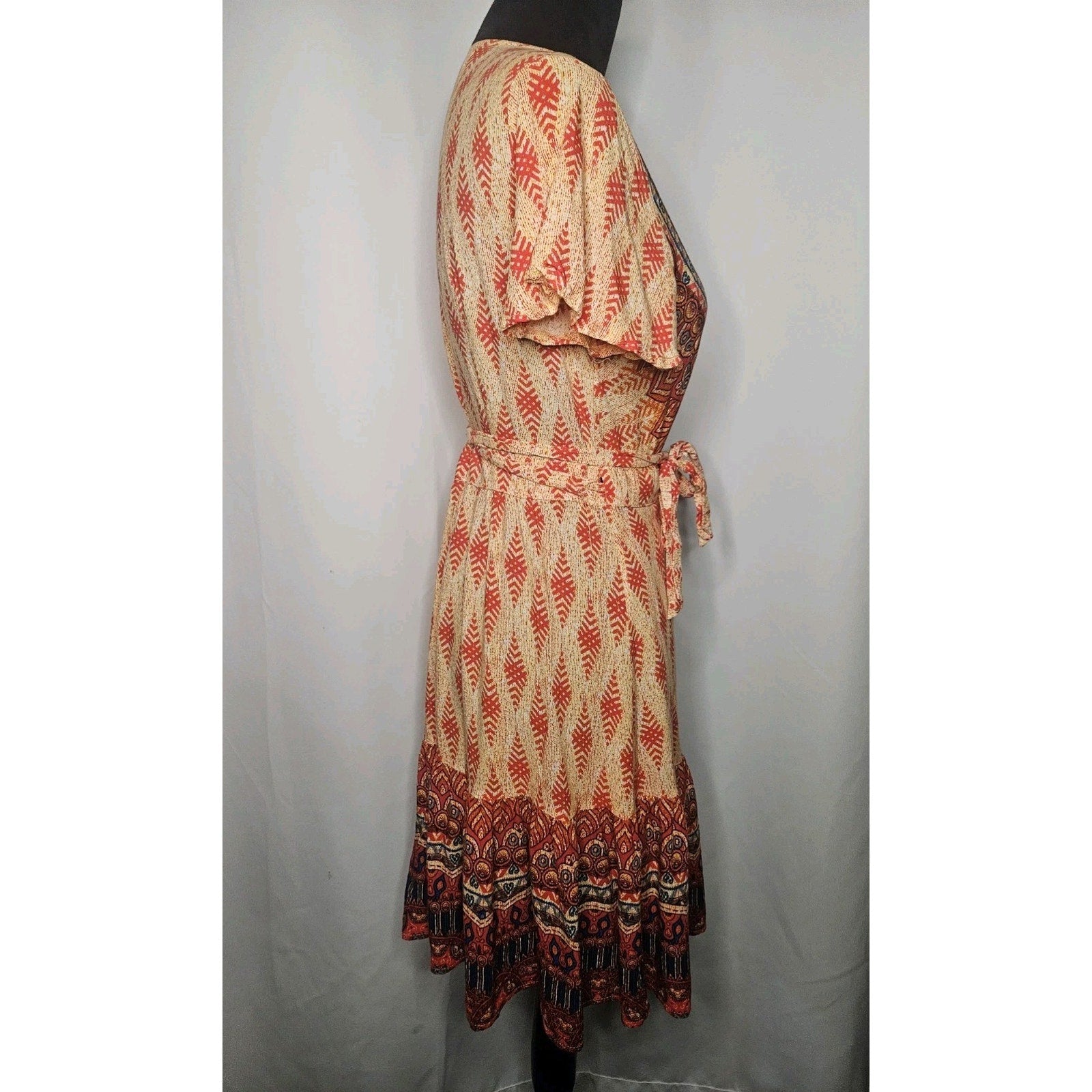 Wrap V Neck Bohemian Floral Print Ruffle Swing A Line Beach Mini Dress Large