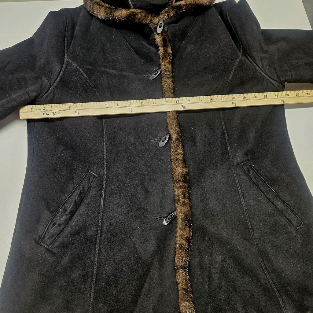 Vtg Y2K Jones New York Womens XL Black Faux Suede Coat Faux Fur Trim Retro Style