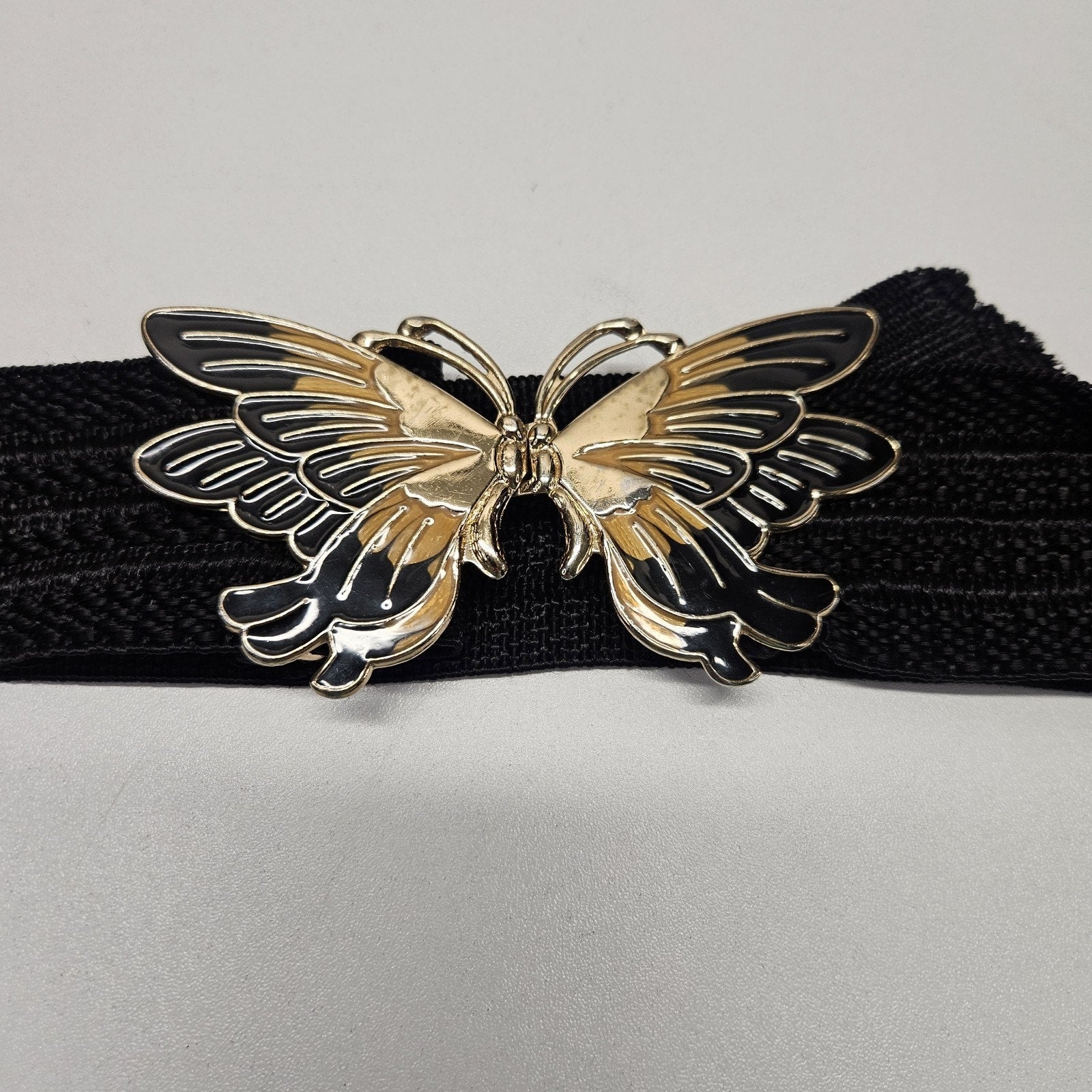 80s Black Gold Butterfly Buckle Clasp Black Cinch Waist Belt Size 36 Whimsygoth