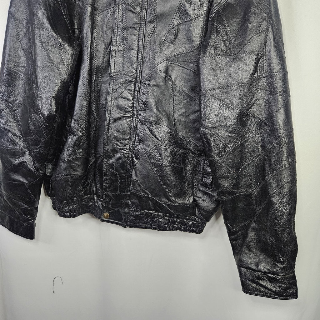 Vtg 90s Cellini Black Leather Bomber Jacket Stitch Mosaic Moto Jacket Coat- Med