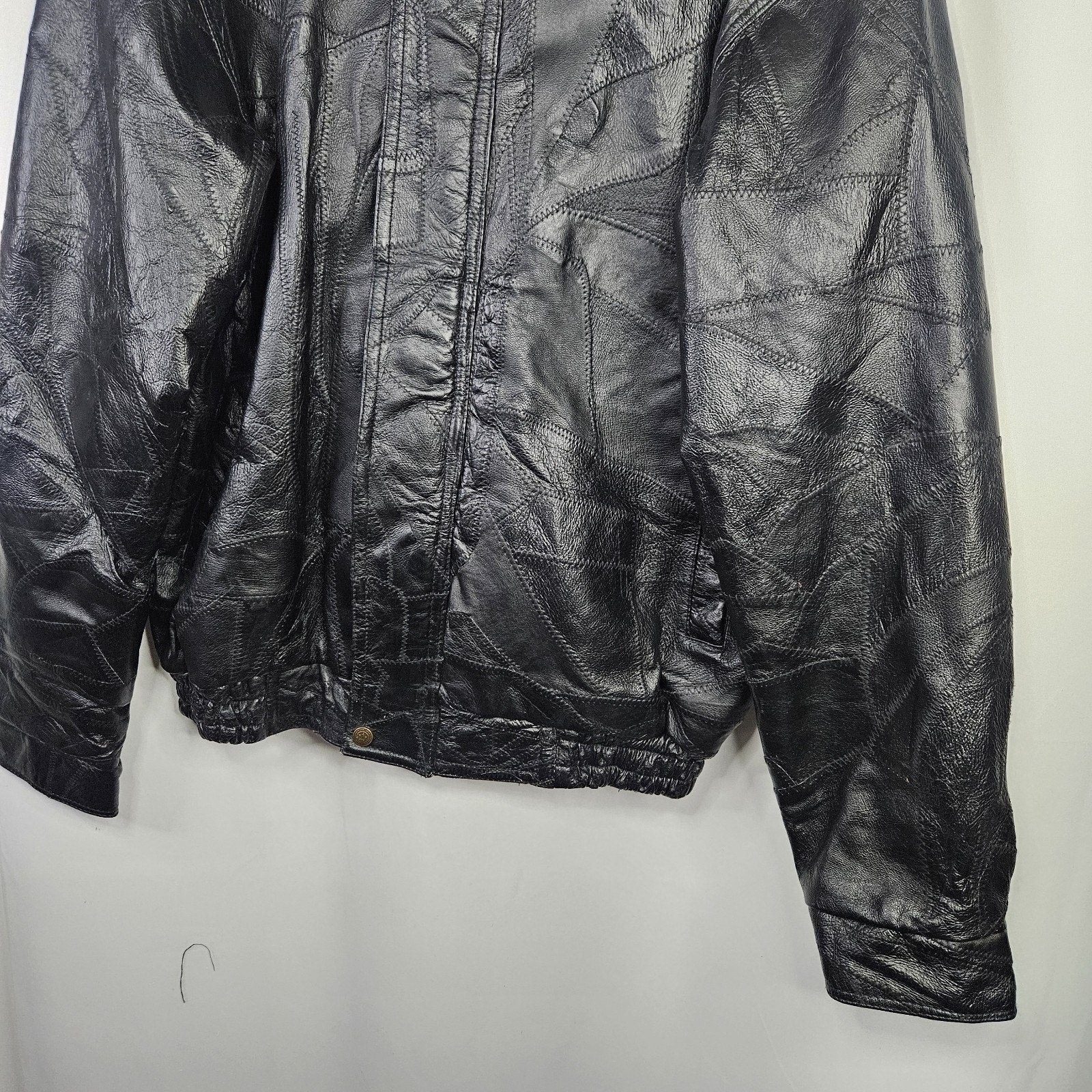 Vtg 90s Cellini Black Leather Bomber Jacket Stitch Mosaic Moto Jacket Coat- Med