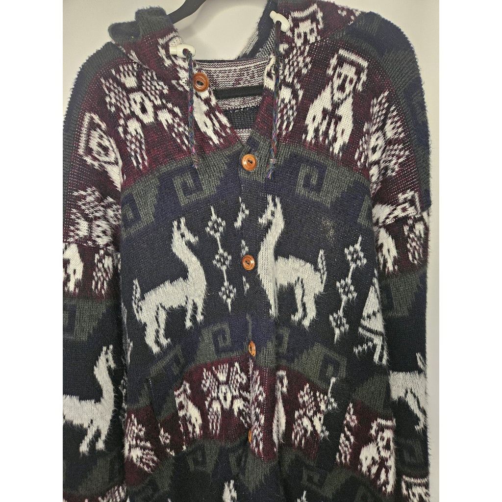 Wool Alpaca Print Hooded Cardigan Button Up Sweater- Grey/White/Plum/Green-L