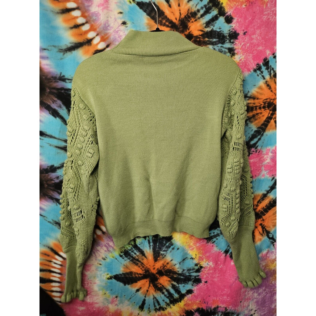 AQE Fashion Turtleneck Balloon Lace Sleeve Sweater Green Boho Fairy Small