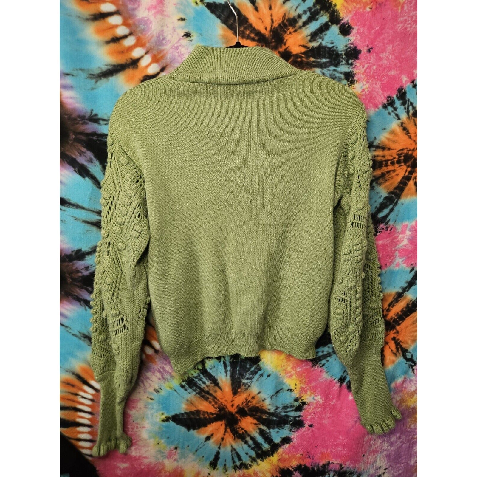 AQE Fashion Turtleneck Balloon Lace Sleeve Sweater Green Boho Fairy Small