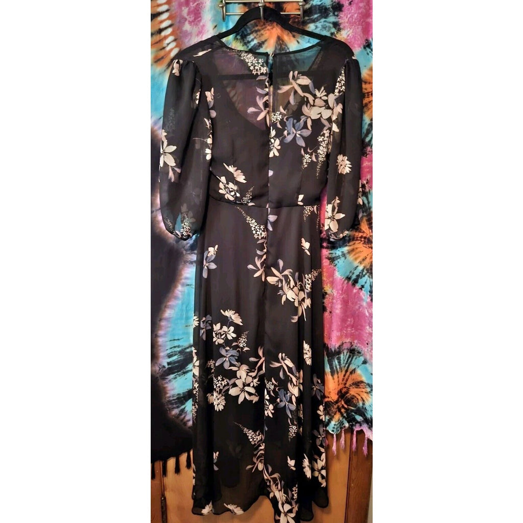 Calvin Klein Black Floral Chiffon Overlay Hi Low Flowy Sz 4 Mid Length Dress
