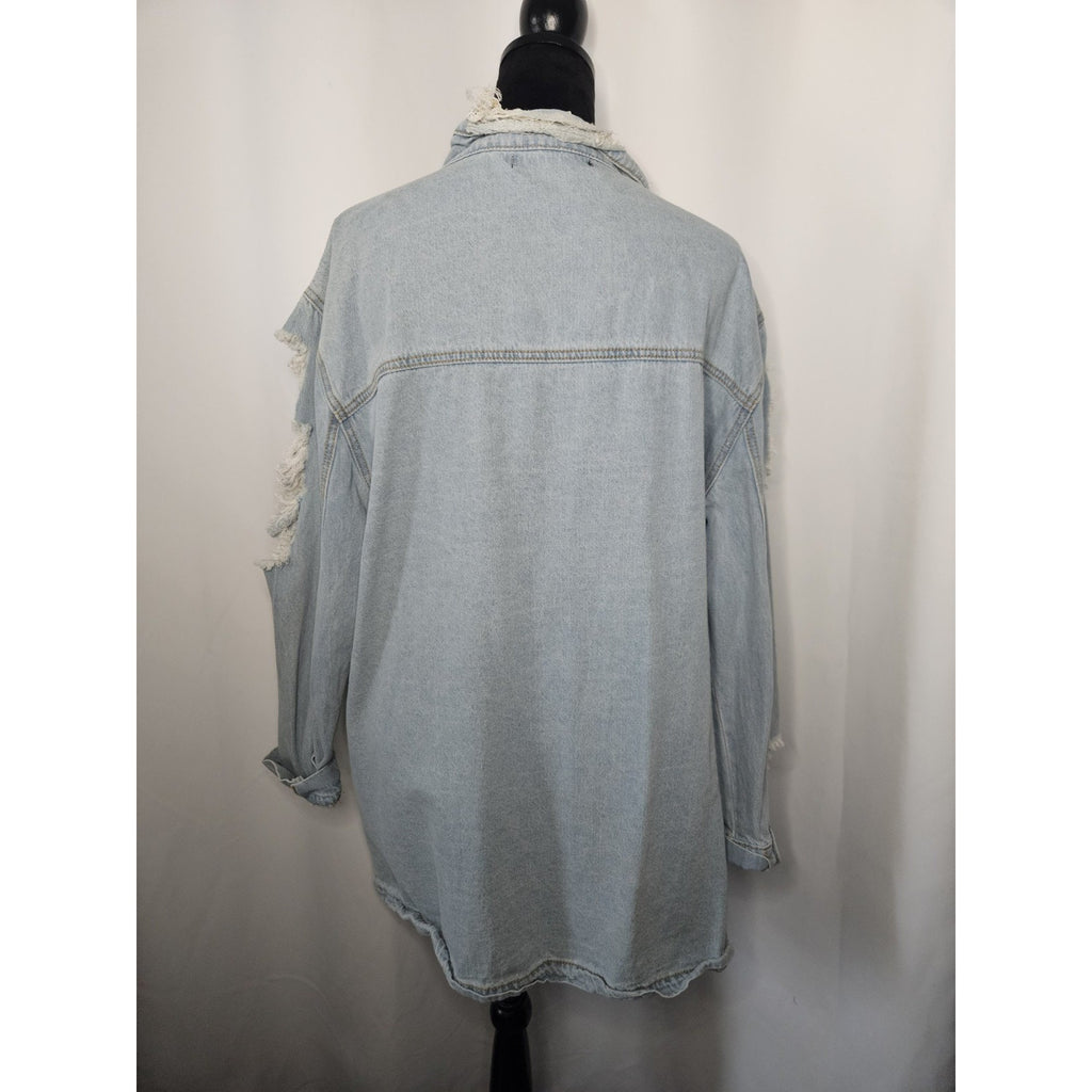 Denim Flavour Collection Womens Distressed Denim Shirt Small Oversized Long