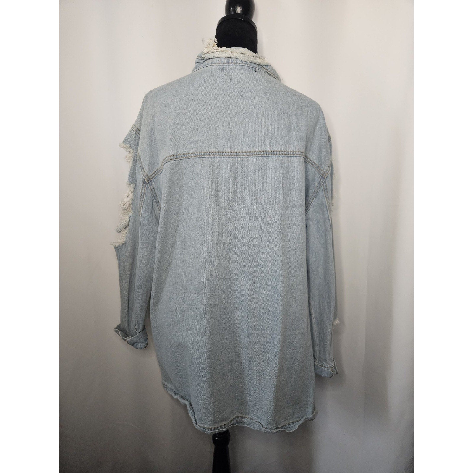 Denim Flavour Collection Womens Distressed Denim Shirt Small Oversized Long