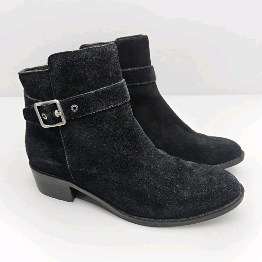 Cole Haan Suede Chelsea Ankle Boots 7.5 B Black Brushed Silver Tone Side Buckle