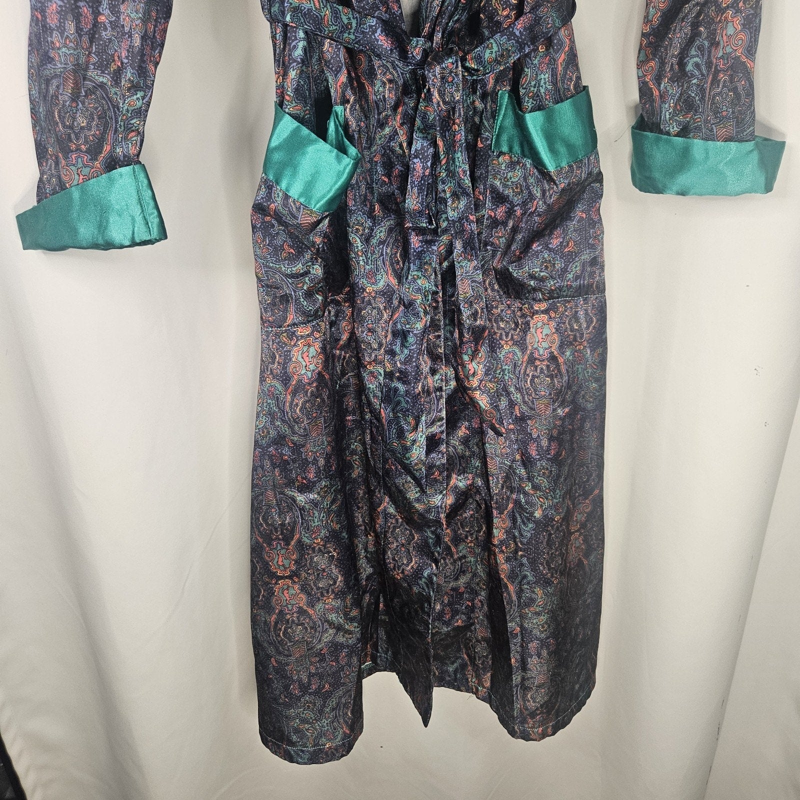 90's Vtg Kathryn Floral Bath Robe Cotton Backed Satin Pockets Women's Medium