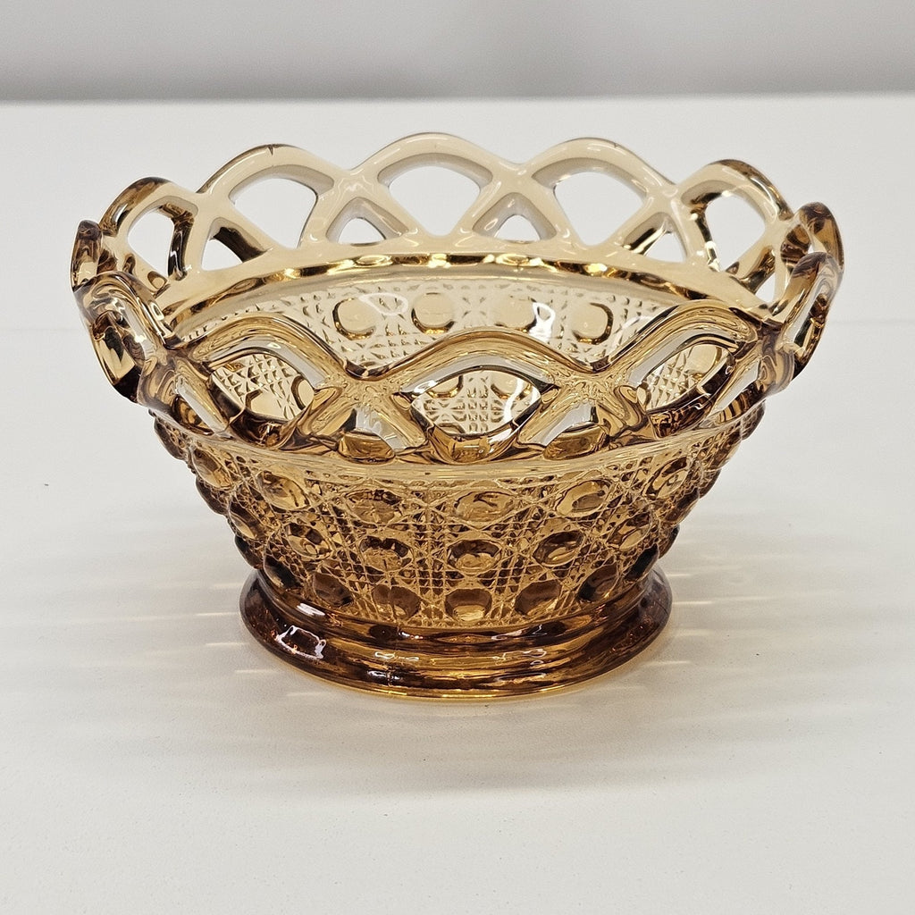 Vintage Imperial Glass Golden Amber Glass Bowl Button Weave Lattice Top 3" Retro