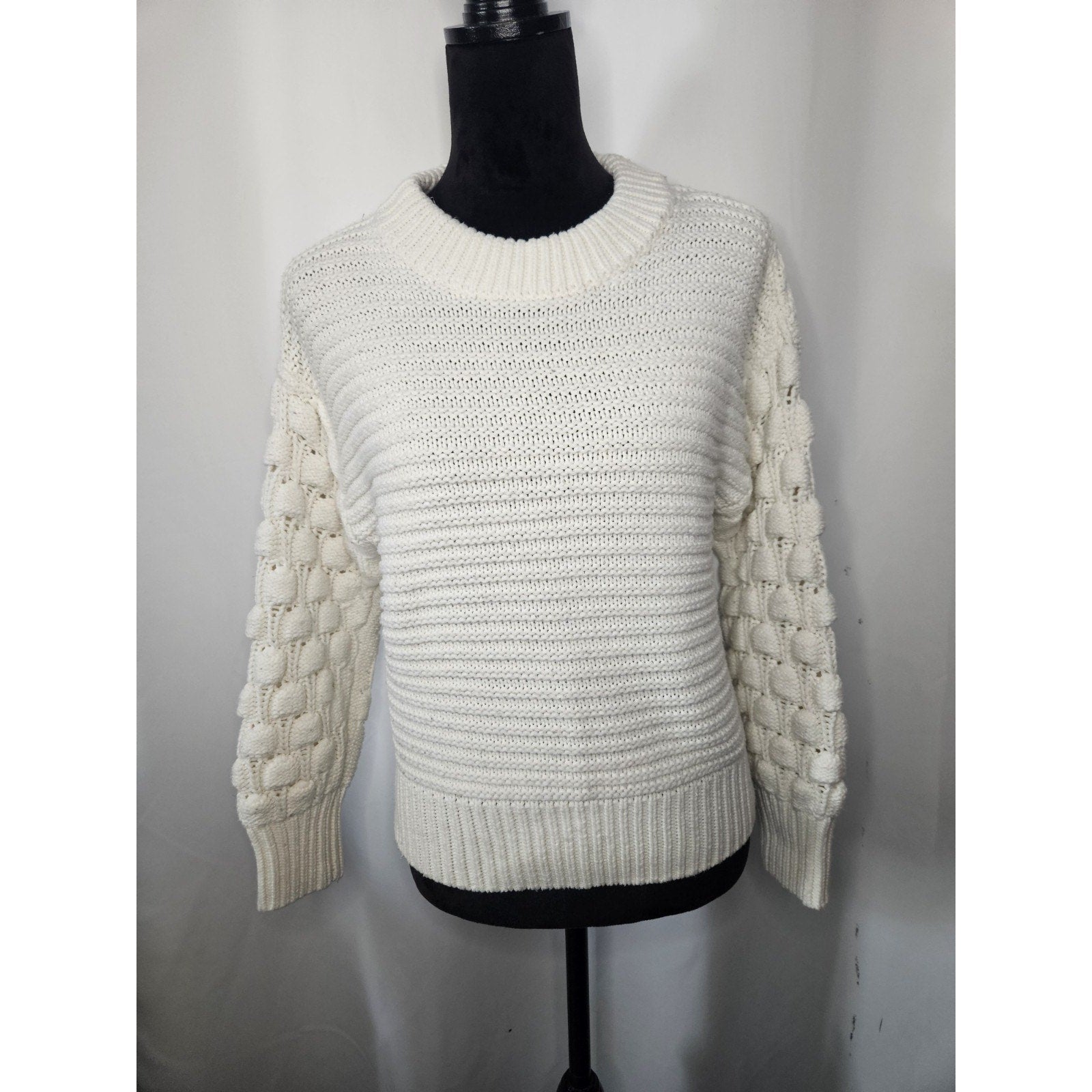 Elodie Bubble Sleeve Chunky Knit Sweater Off White Womens Small Boho Cottage