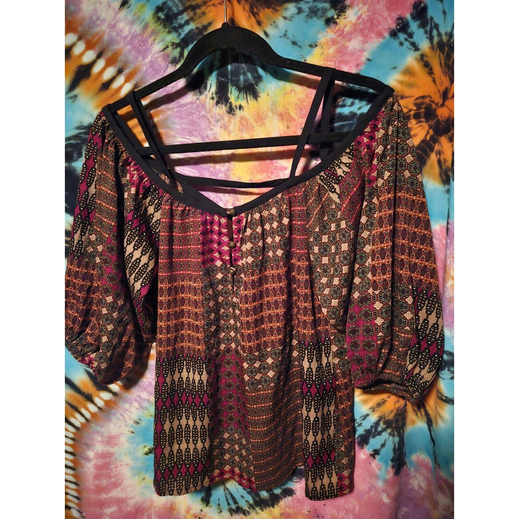 Hippie Laundry Lightweight Crop Peasant Top Red, Black & Golds Womens MED