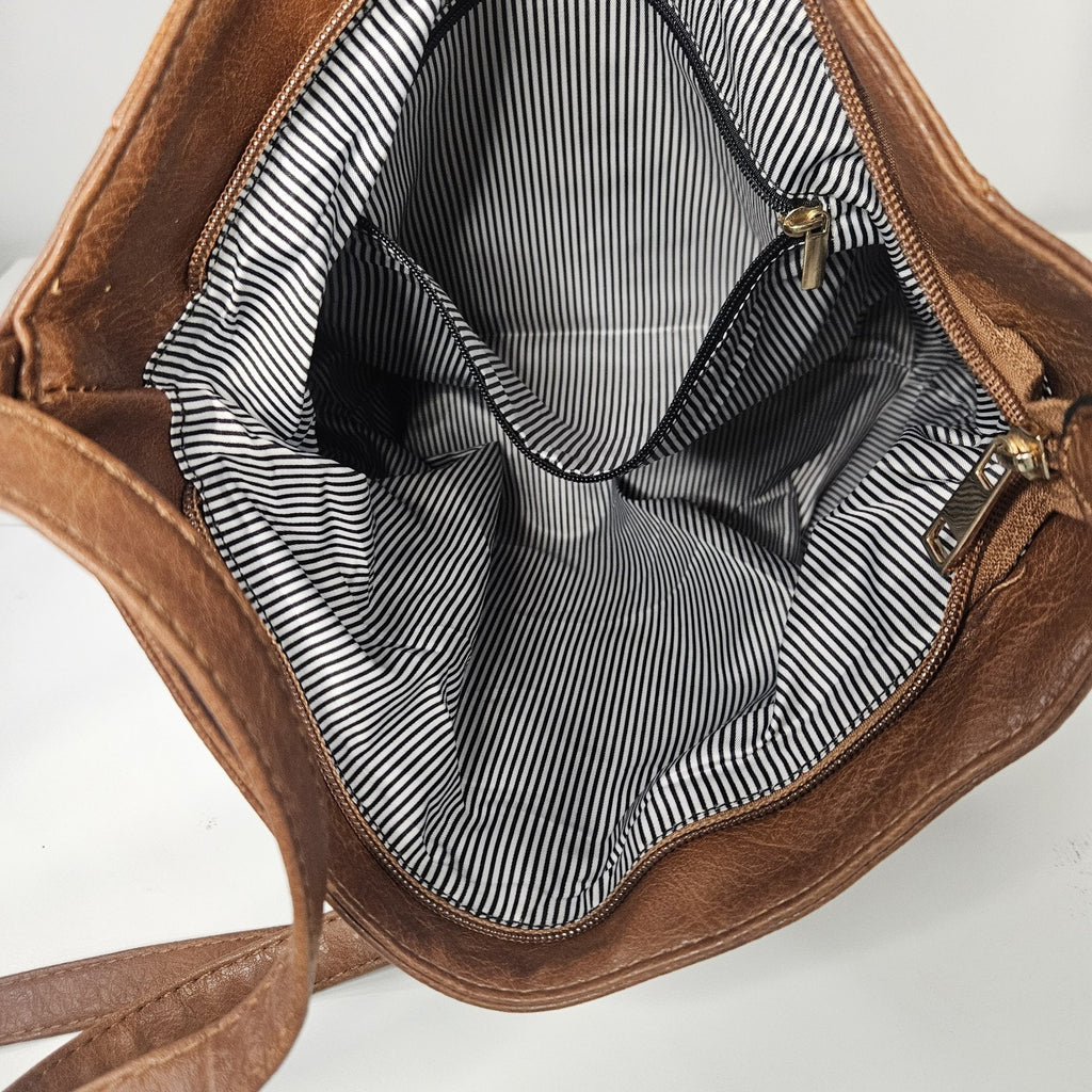 Brown Faux-Leather Crossbody Handbag Two Front Zip Pockets Shoulder Bag Purse
