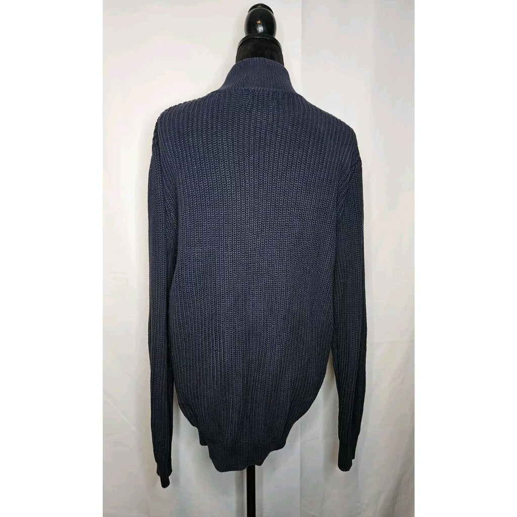 LL Bean Cotton Full Zip Cardigan Men Large Blue Chunky Ribbed Knit Sweater Vtg