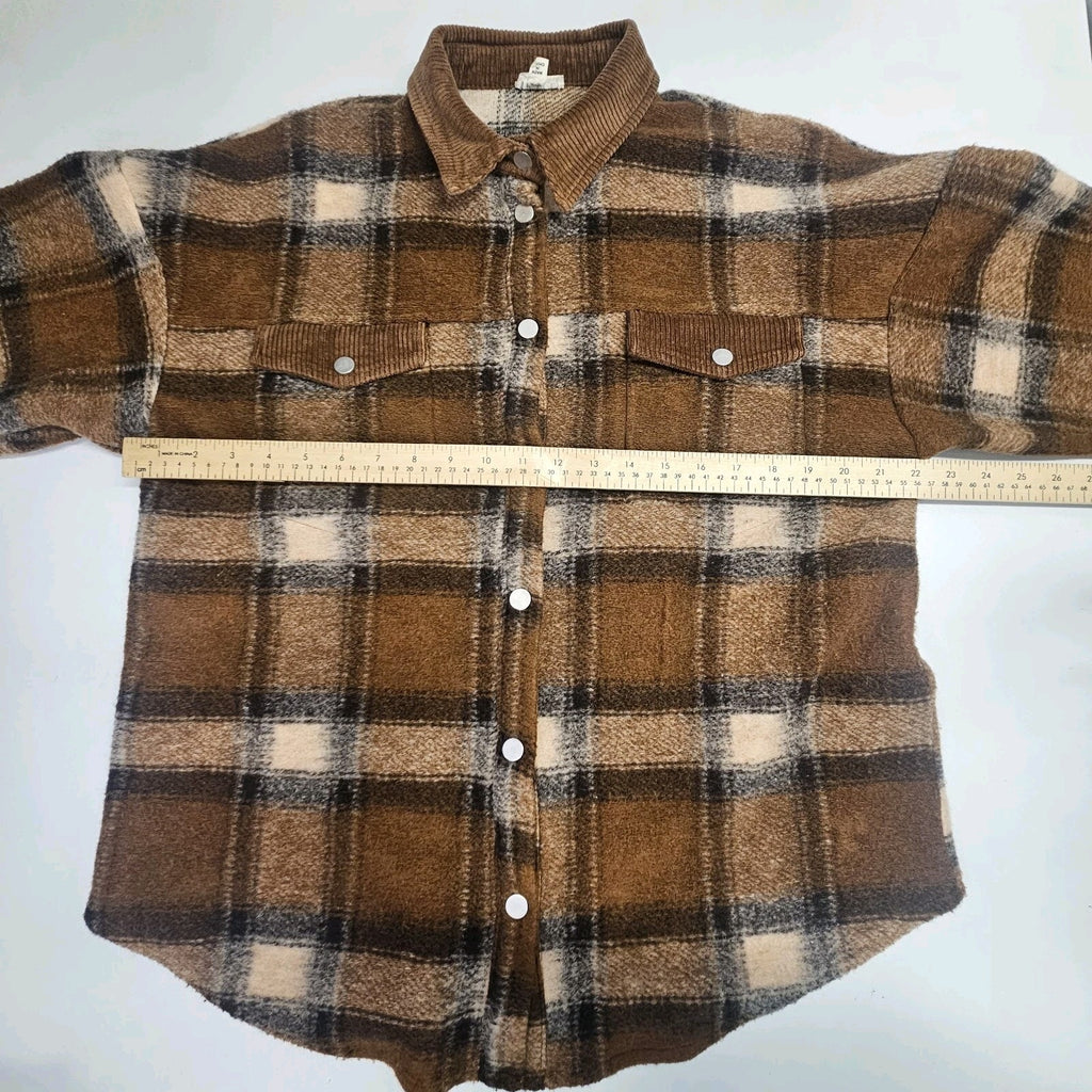 POL Brown Plaid Fleece Jacket Shacket Pockets Medium Barn Coat
