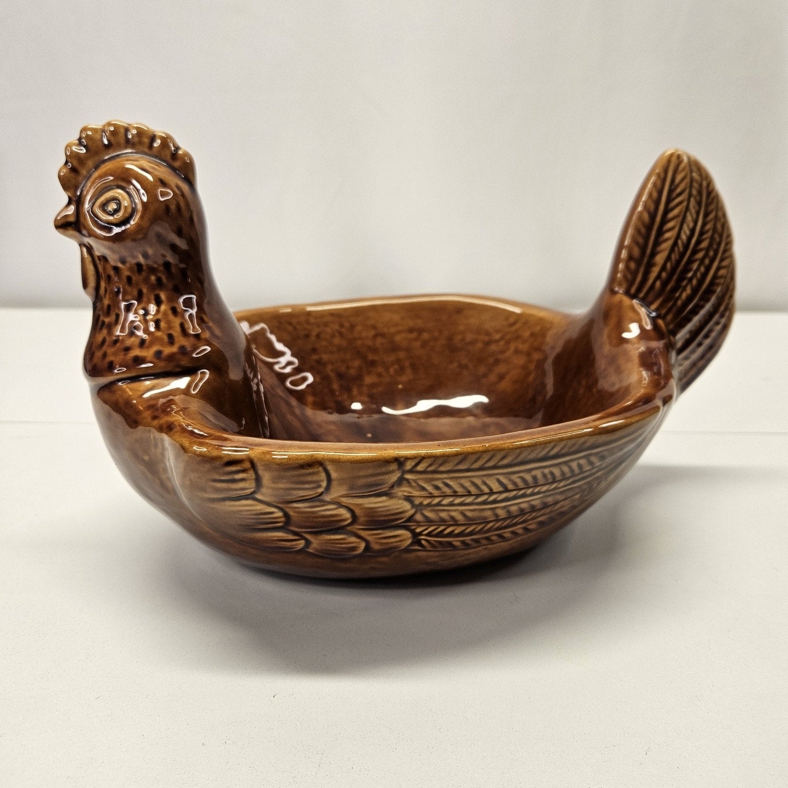 Vintage Brown Ceramic Glazed Chicken Serving Dish Turine Retro Country Kitchen