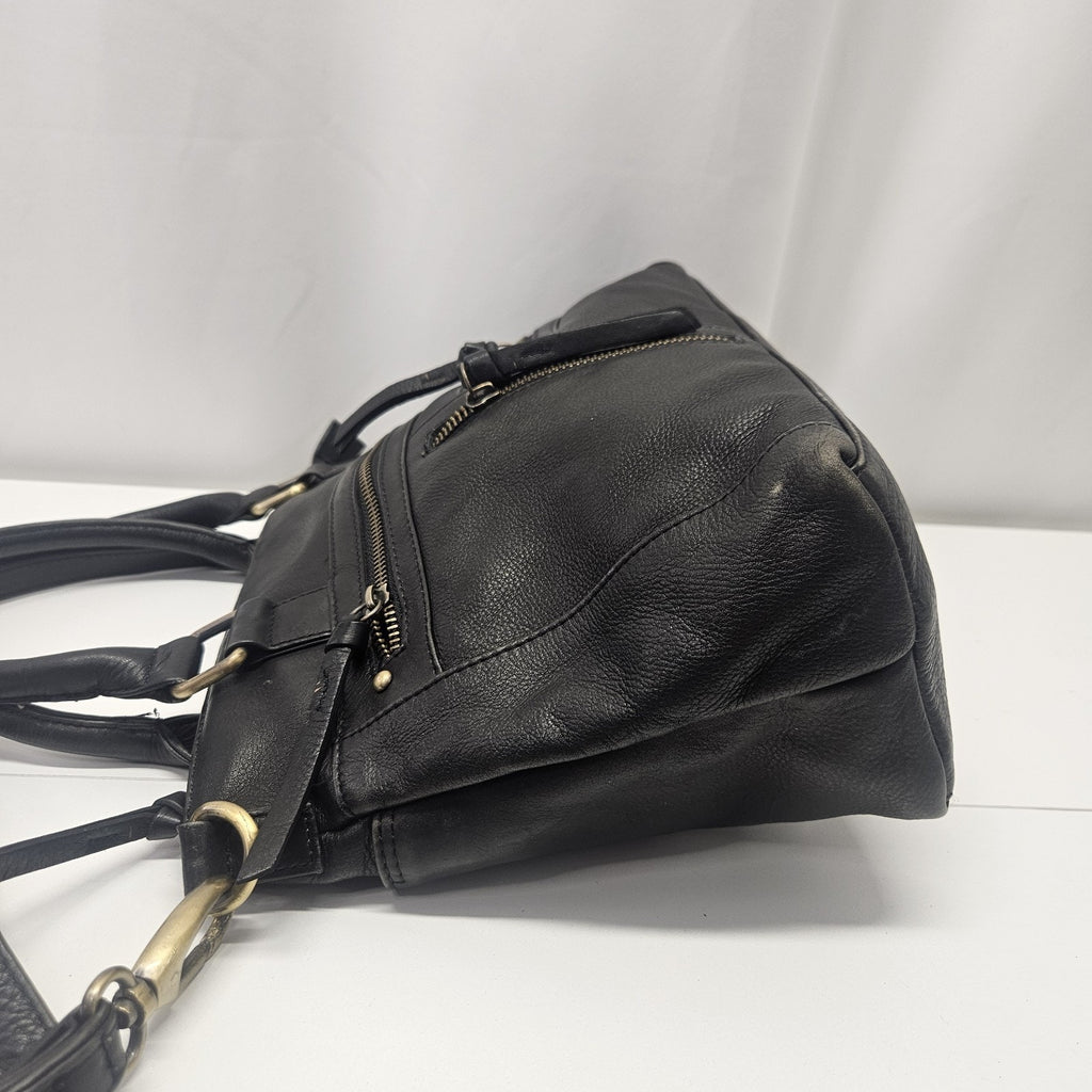 Vtg Y2K Black Soft Leather Crossbody Shoulder Bag Zipper Compartments Top Handle