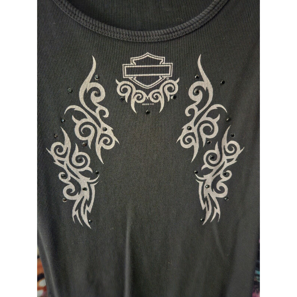 Harley Davidson Black Rhinestone Graphic Ribbed Tank Large Biker Y2K Motorcycle