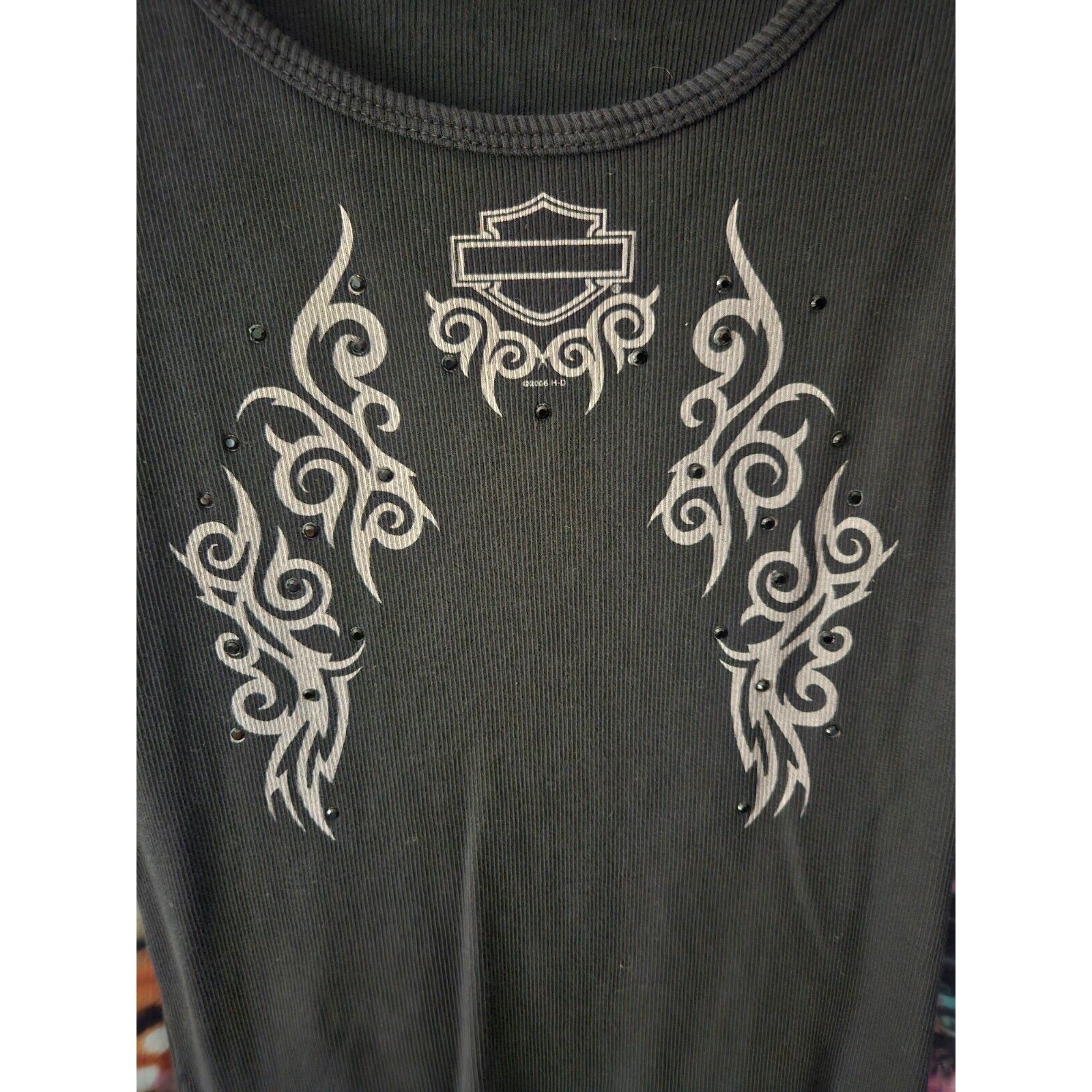 Harley Davidson Black Rhinestone Graphic Ribbed Tank Large Biker Y2K Motorcycle