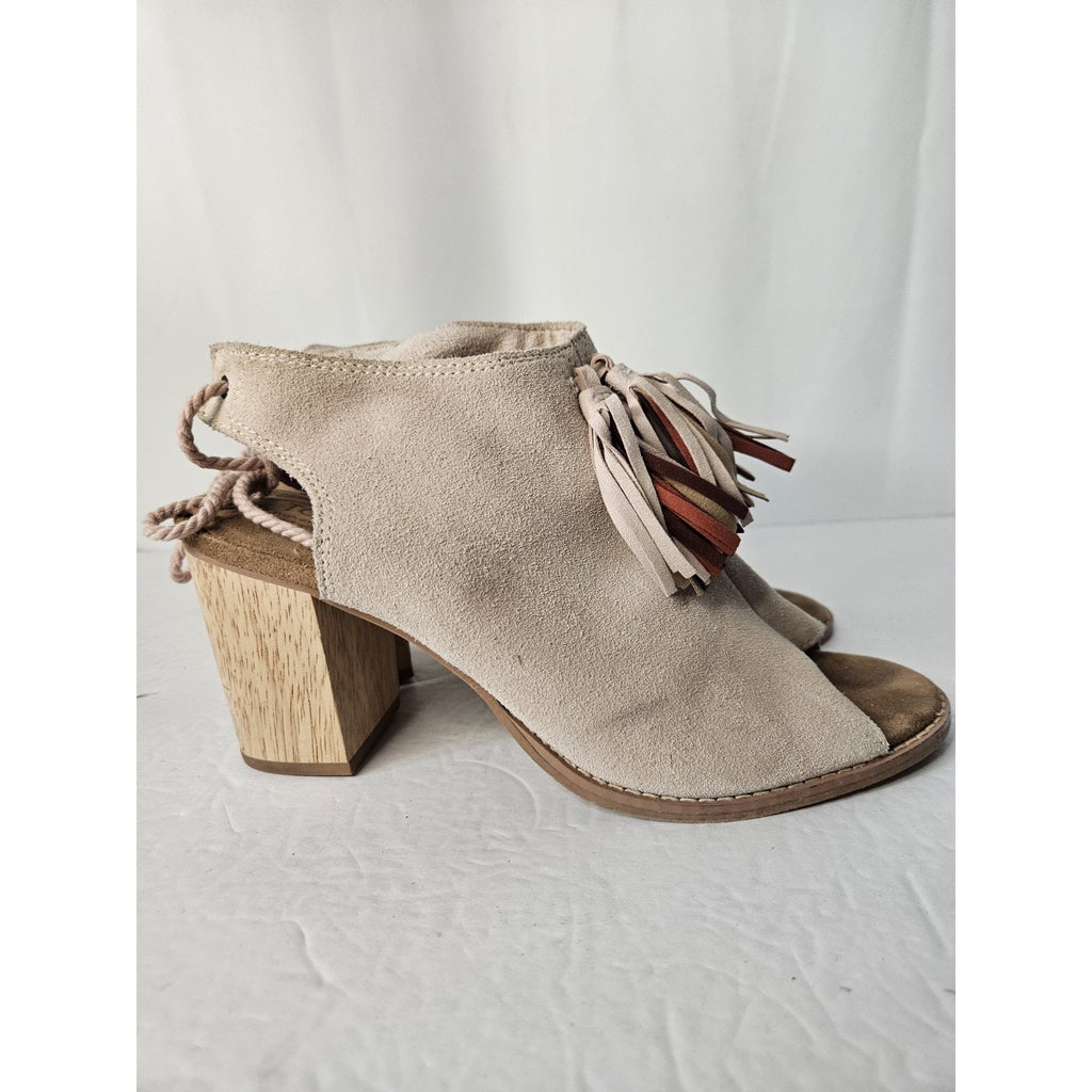 Toms Light Blush Pink Suede Tassel Block Heel Open Toe Booties 9