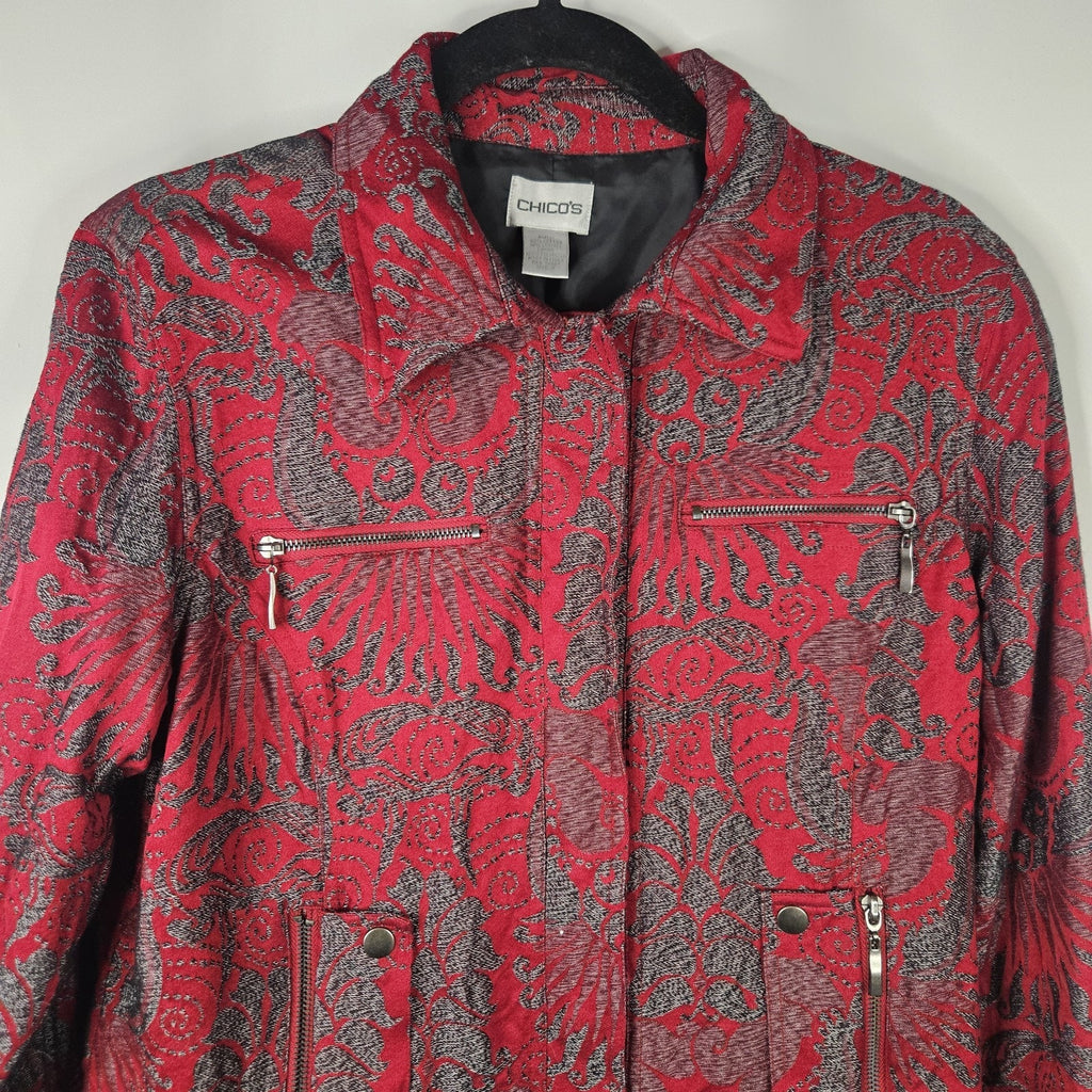 Chicos Size 2 Jacket Womens Red Gray Snap Front Lined Pockets Cotton Lyocell L