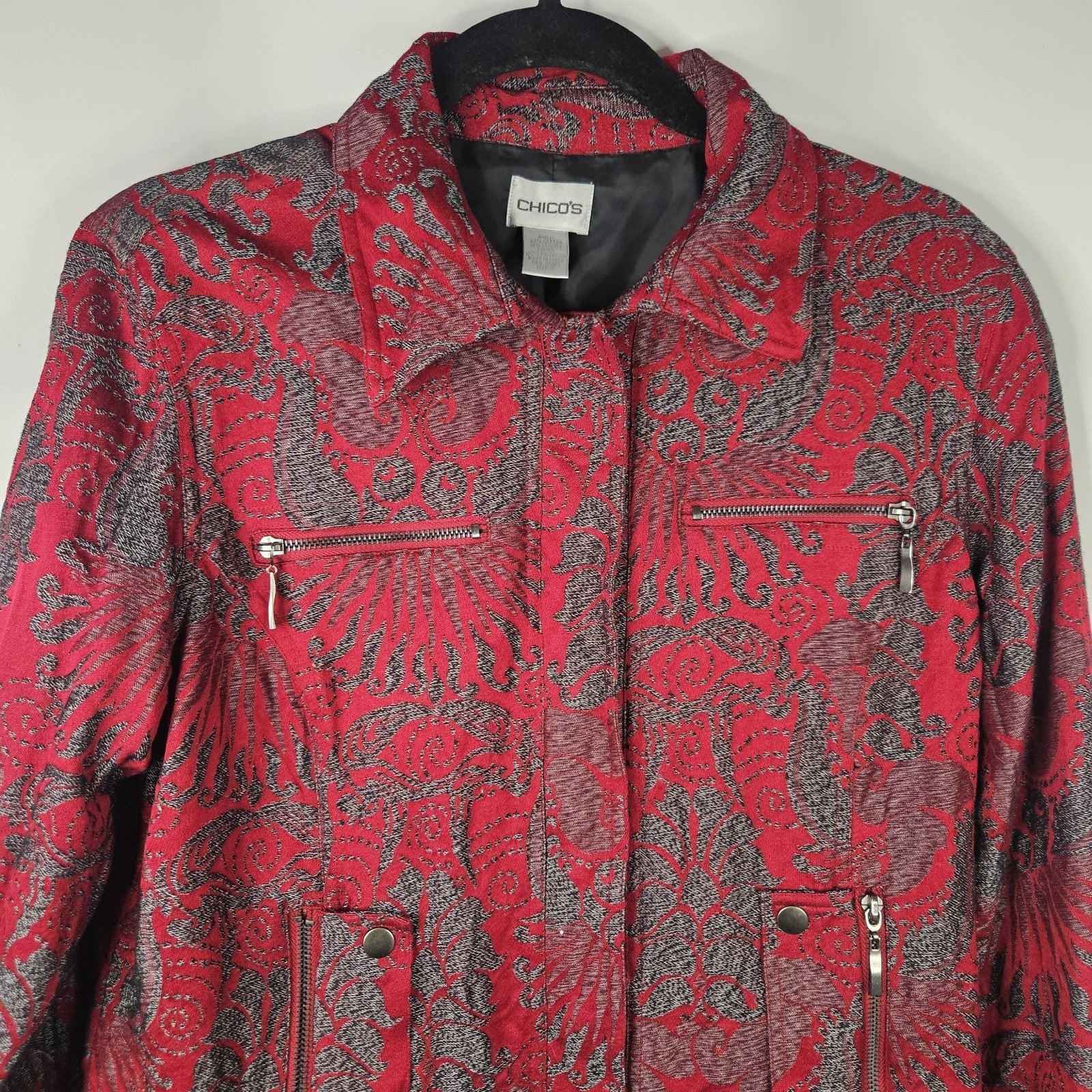 Chicos Size 2 Jacket Womens Red Gray Snap Front Lined Pockets Cotton Lyocell L