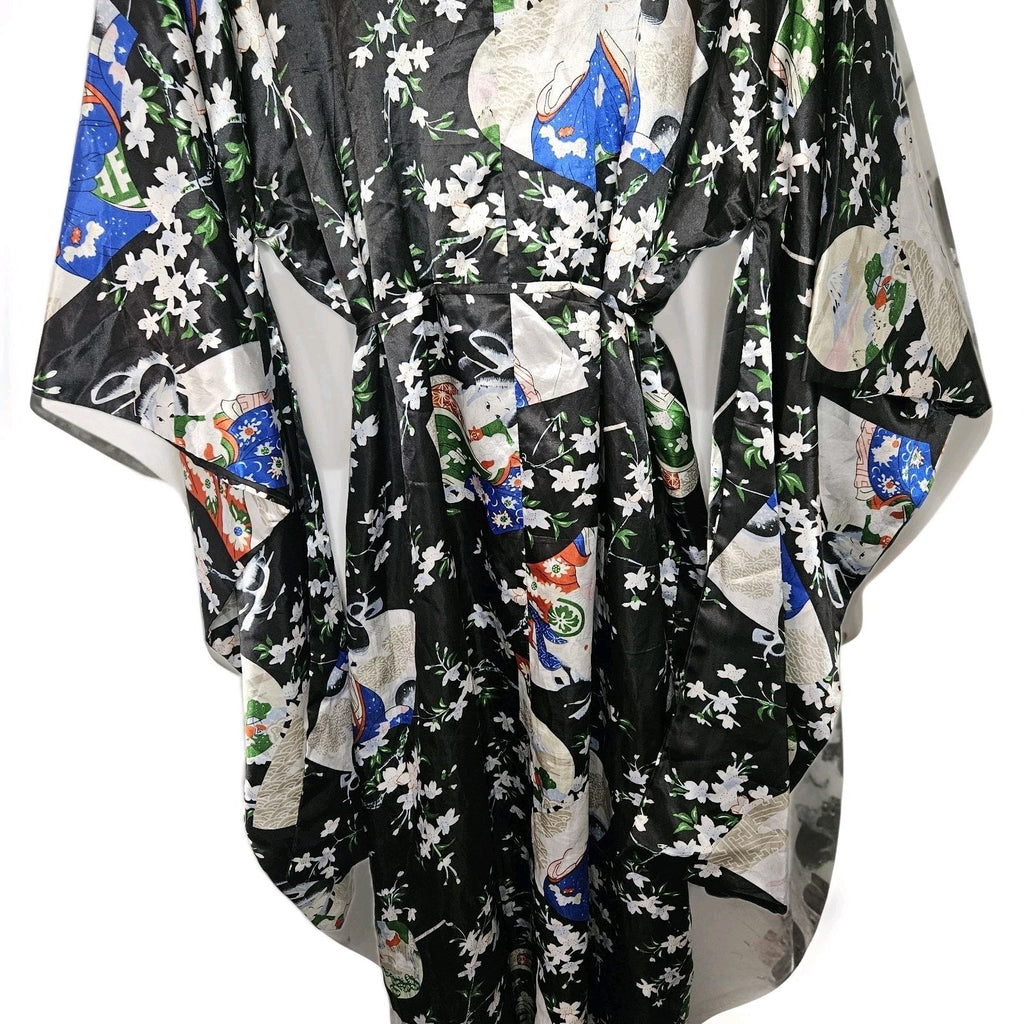 Vintage 80s Bo Er Xiu Pin Black and White Satin Geisha Print Kimono Robe