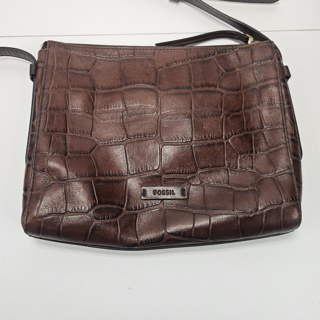 Vintage FOSSIL Croc Embossed Brown Leather Shoulder Crossbody - 10 x 8"