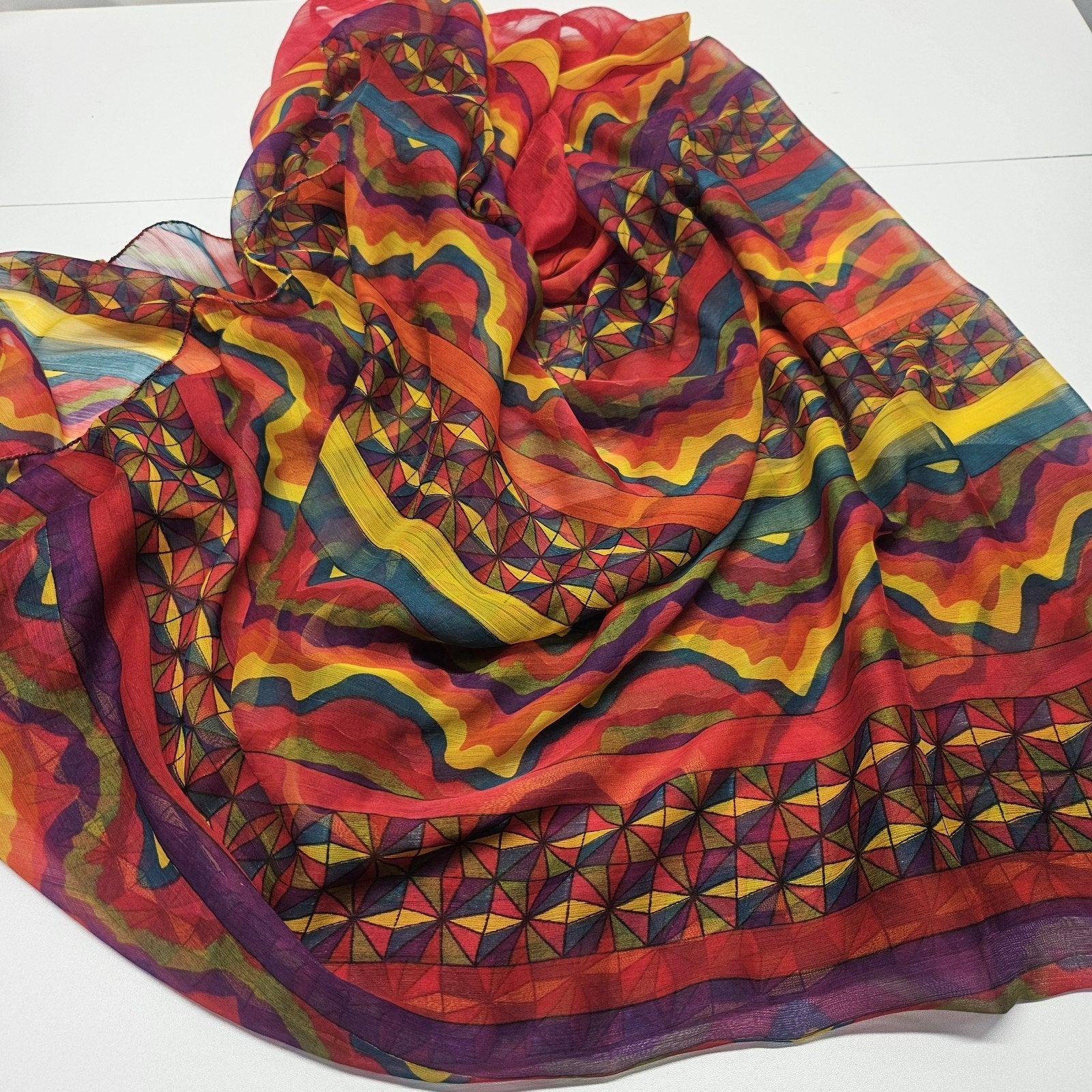 Vintage Poly Silk Chiffon Scarf Bright Multi Color Festival Psychedelic