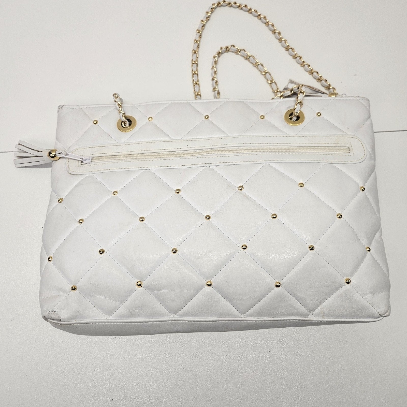 Vtg YS Luxury Quilted White Leather Large Shoulder Bag Tote GoldTone Chain Strap