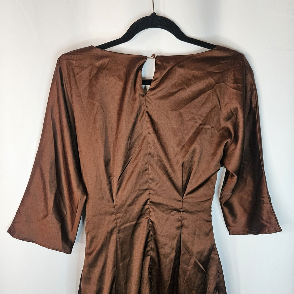 Baltic Born Satin Brown Tie Front Mini Dress Small 3/4 Sleeved Wrap Dress NWT
