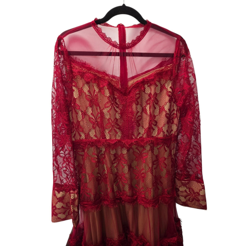 Sheer Mesh Contrast Lace Hollow Embroidered Mesh Waist-Cinched Maxi Large Red Dress