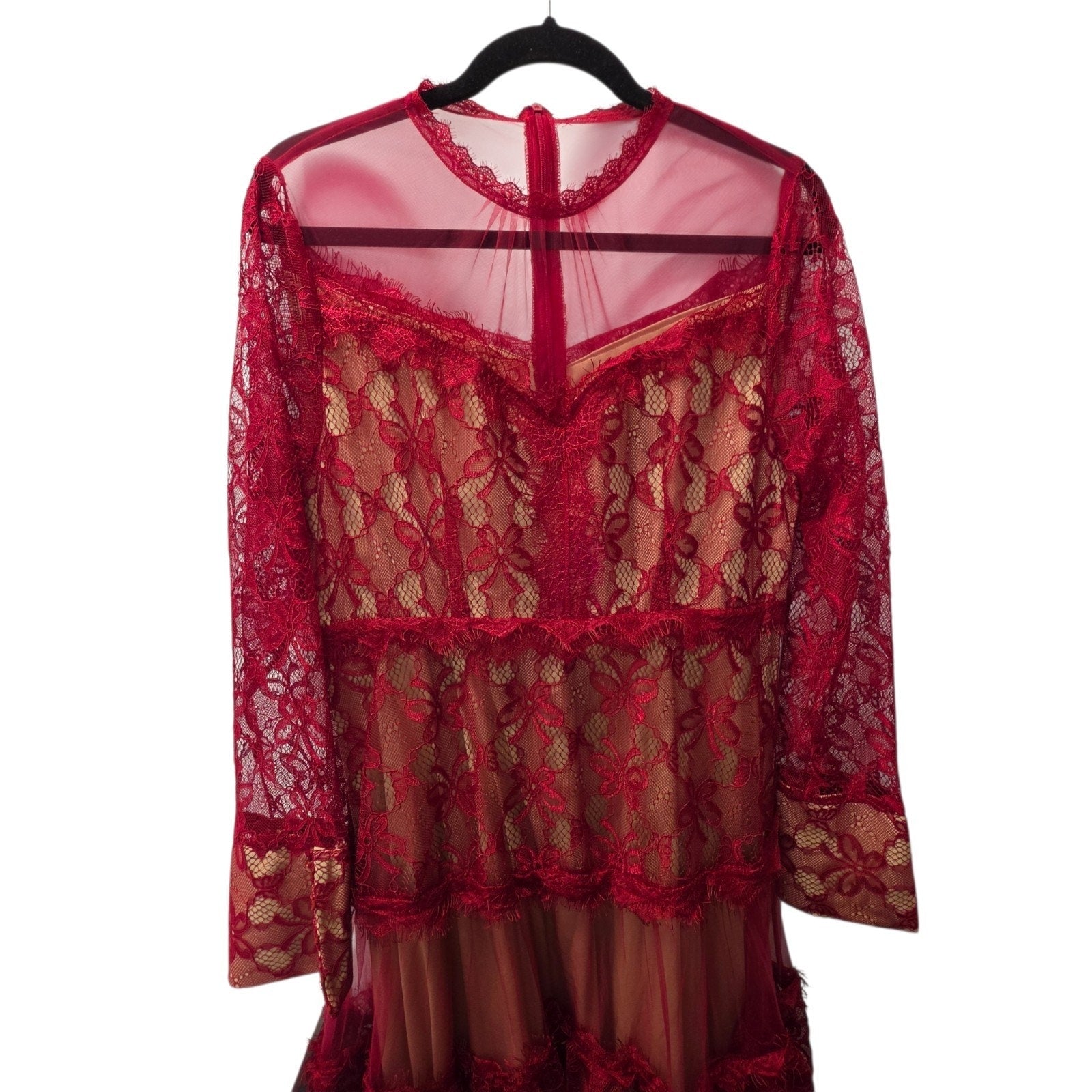 Sheer Mesh Contrast Lace Hollow Embroidered Mesh Waist-Cinched Maxi Large Red Dress
