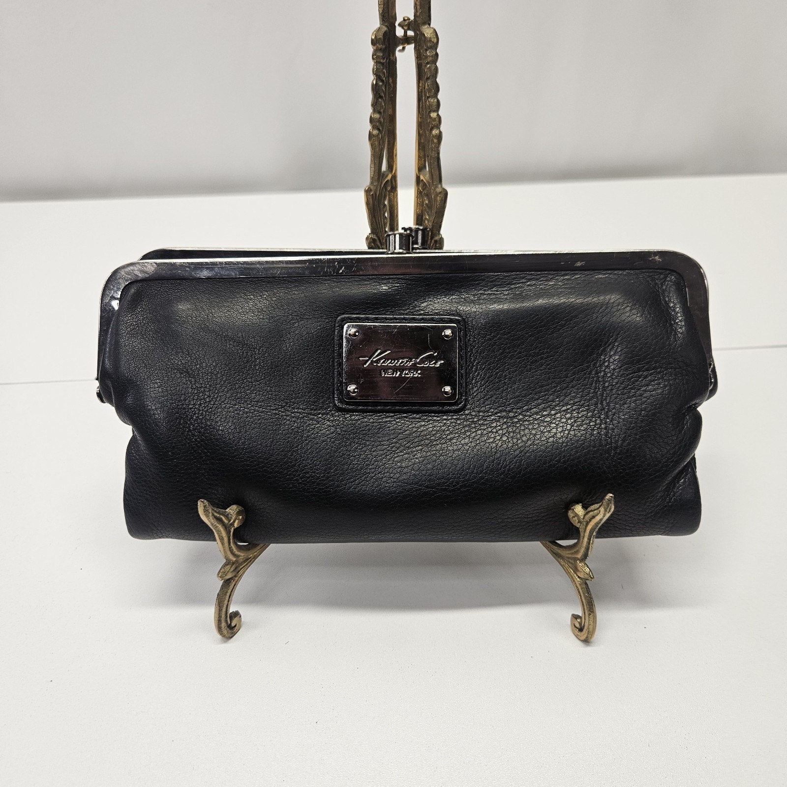 Kenneth Cole New York Wallet Clutch Black Buttery Leather Double Kiss Lock Close