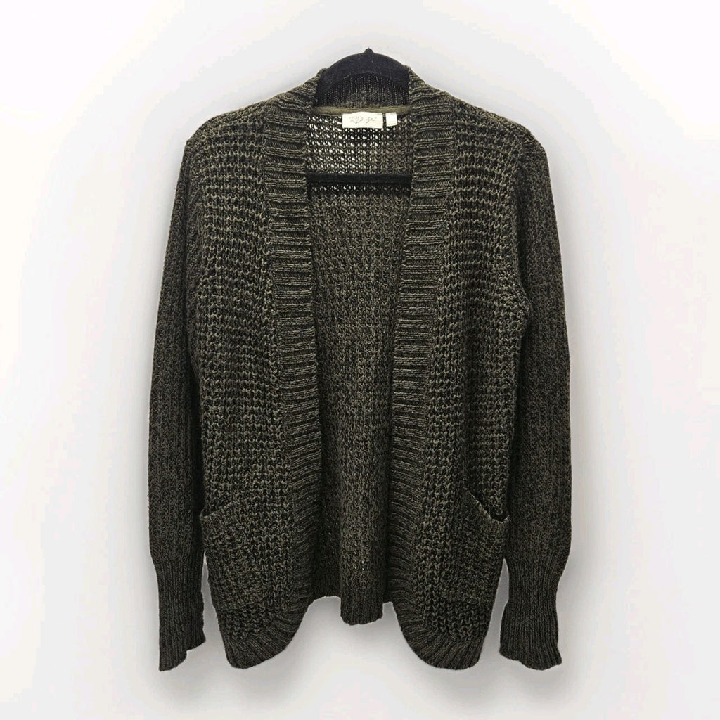 RD Style Olive Green Black Knit Sweater Open Cardigan Medium Grunge Boho Pockets