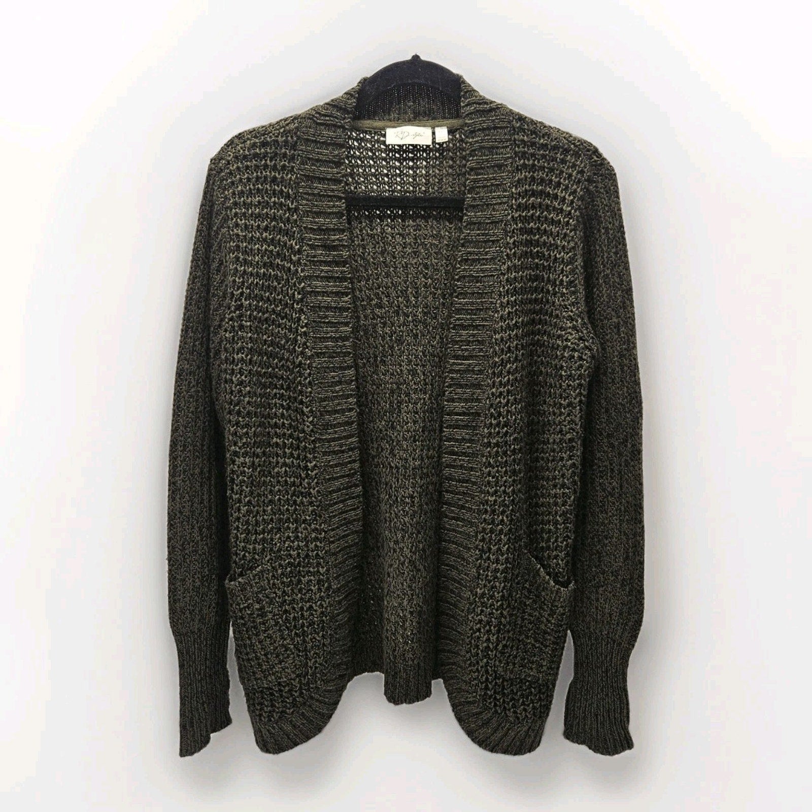 RD Style Olive Green Black Knit Sweater Open Cardigan Medium Grunge Boho Pockets