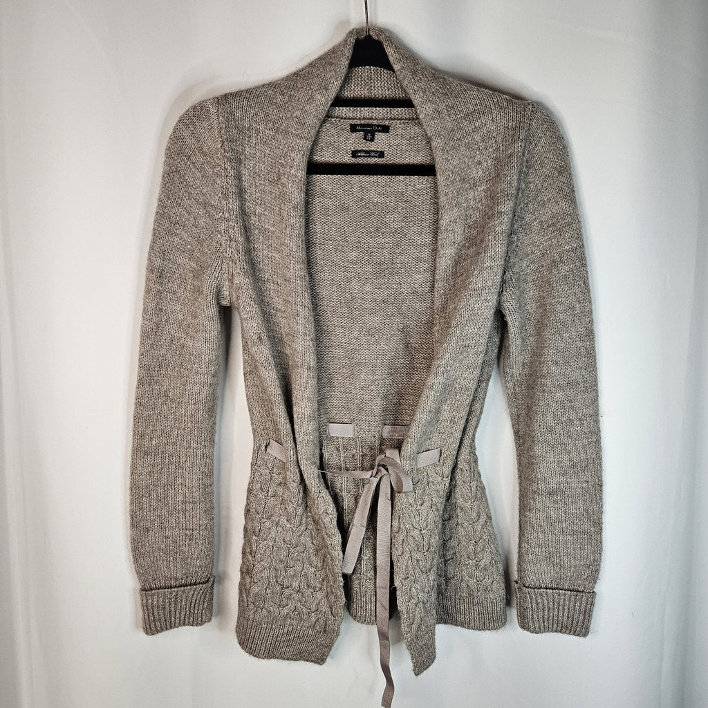 Massimo Dutti Alpaca Wool Ruffle Tie-Front Cardigan Sweater Gray Brown Size M/32