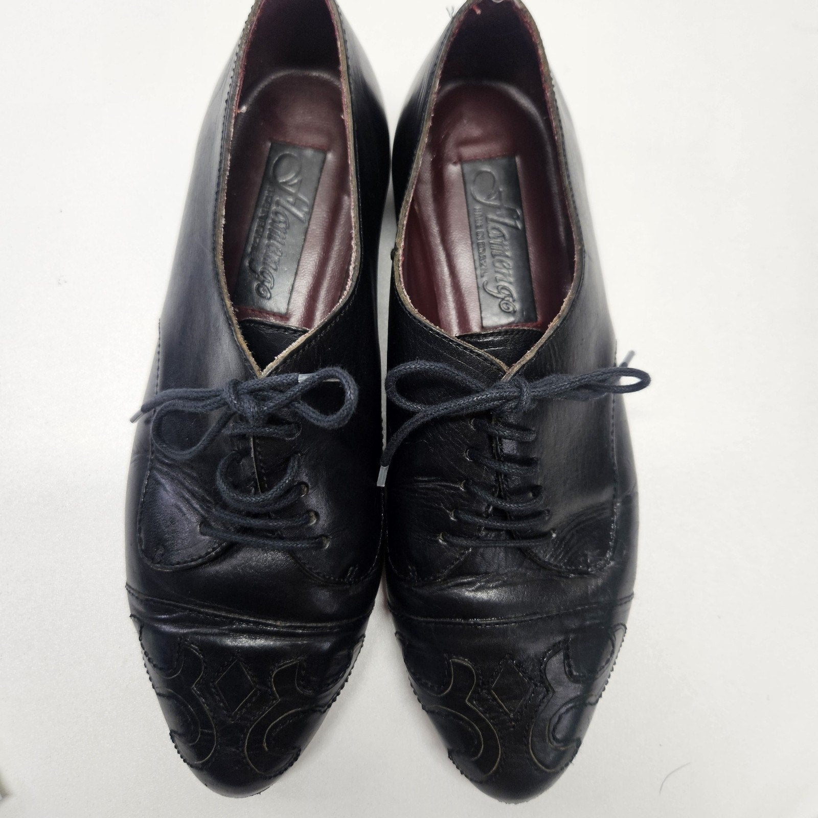 VTG Flamengo Embriodered Black Leather Lace up Oxford Heeled Granny Shoes 7.5 M