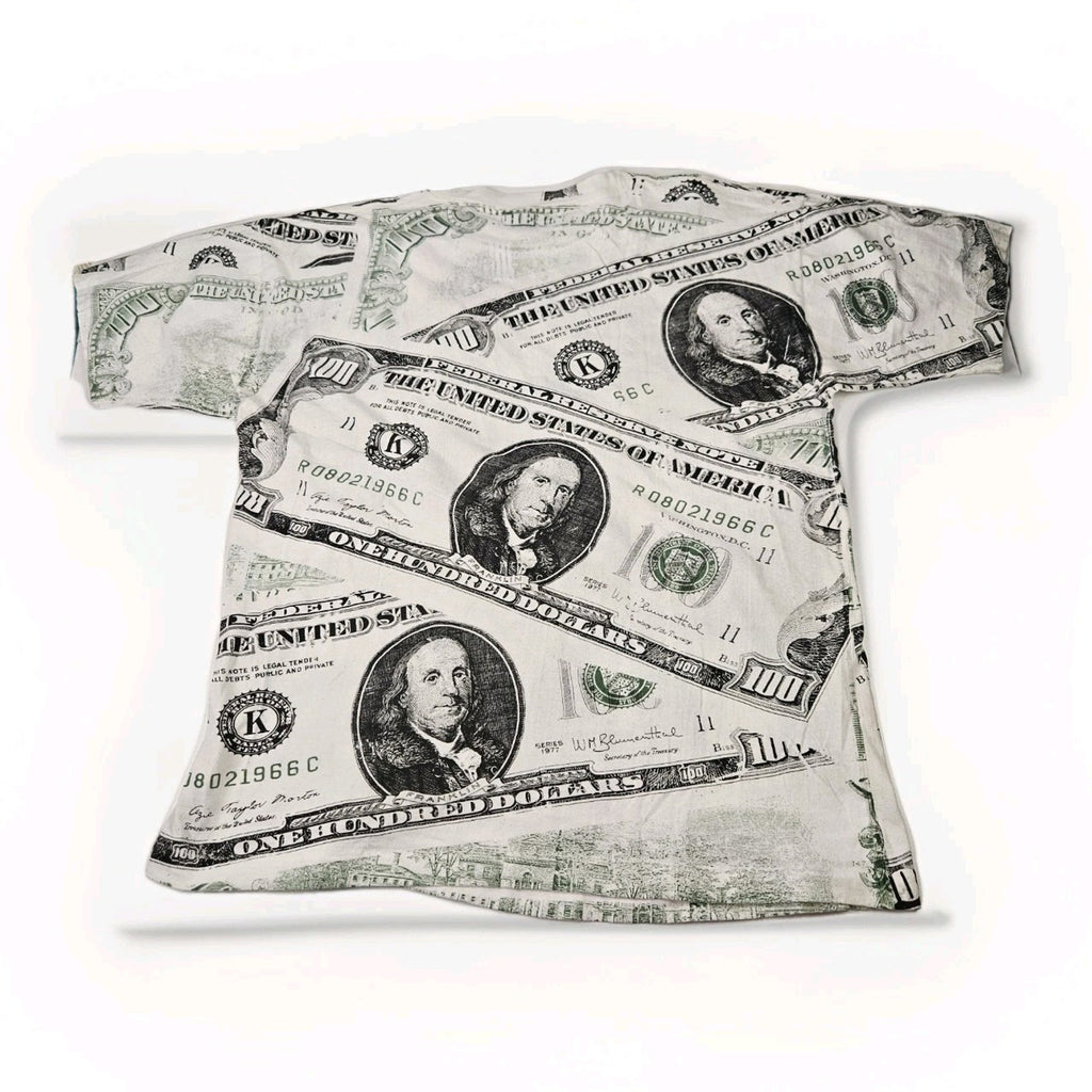 Vintage 90s 100 Dollar Bill T Shirt Overprint Graphic Print 100% Cotton Tee XL