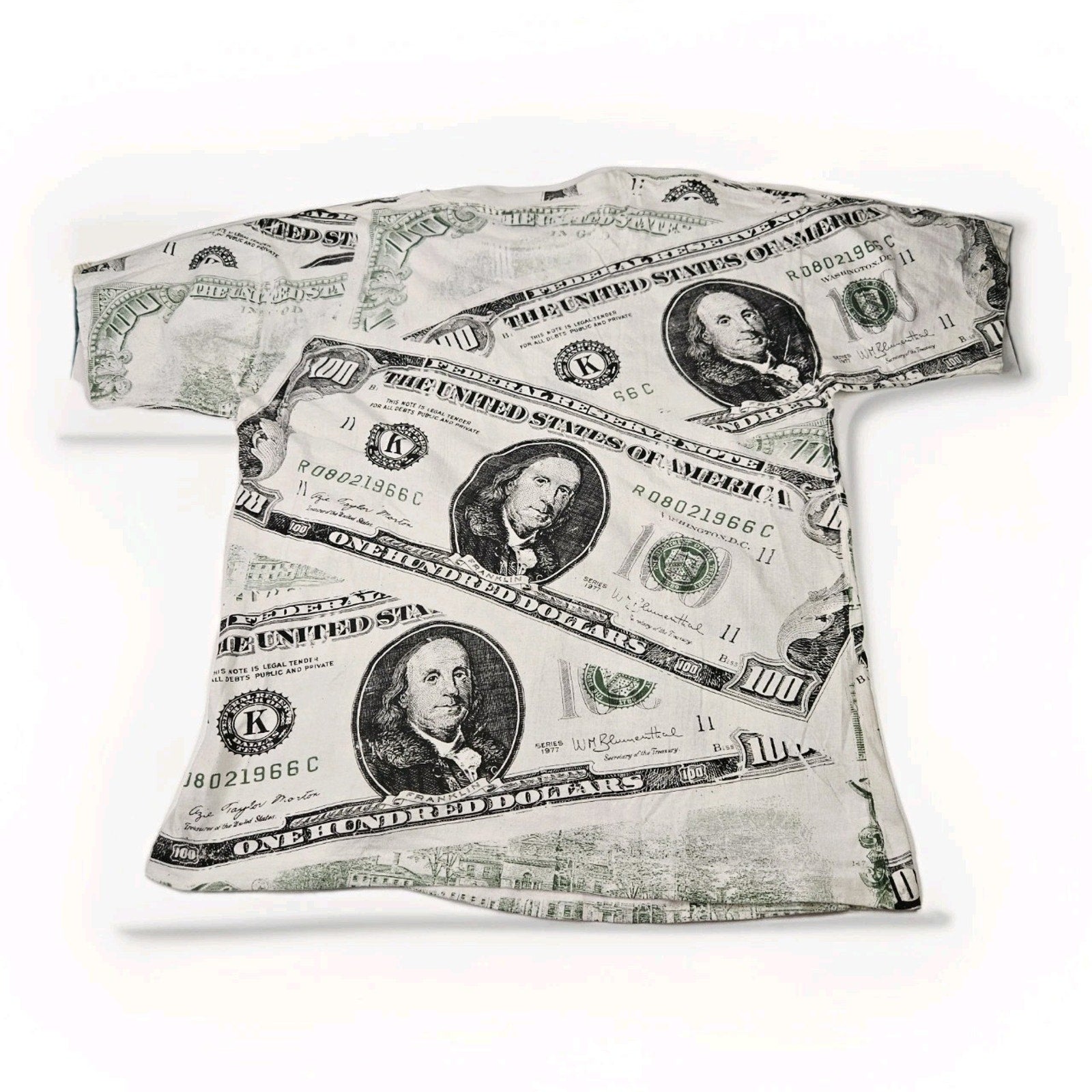 Vintage 90s 100 Dollar Bill T Shirt Overprint Graphic Print 100% Cotton Tee XL