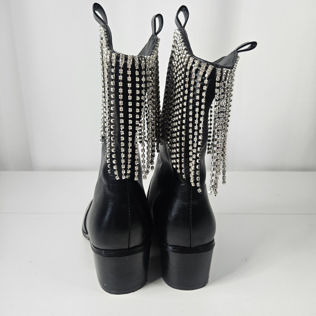 Embellished Rhinestone Fringe Black Edgy Western Boots 8.5 M Cowgirl Rodeo Glam